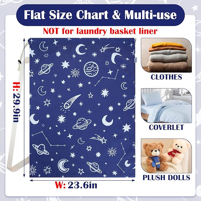 Canvas Laundry Bag with shoulder Strap 24"W x 29"H, Large Drawstring Dirty Clothes Bag Washable Laundry Sack for College Dorm, Travel, Home, Camp (Space)