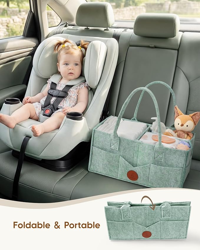 Maliton Baby Diaper Caddy, Nursery Storage Bin & Car Organizer with Handle, Large Felt Bag for Newborn essentials Boy or Girl, Changing Table Organizer for Baby Stuff, 15" x 9" x 7"Baby Shower Basket