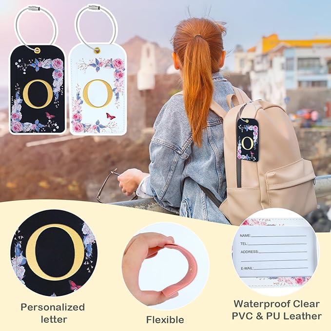 3 Pack Luxury Floral Luggage Tags, Durable PU Leather Suitcase Tags with Stainless Steel Cable Strap, Hidden ID Slot for Privacy Protection, Easy to Identify Waterproof Travel Accessories Gift (O)