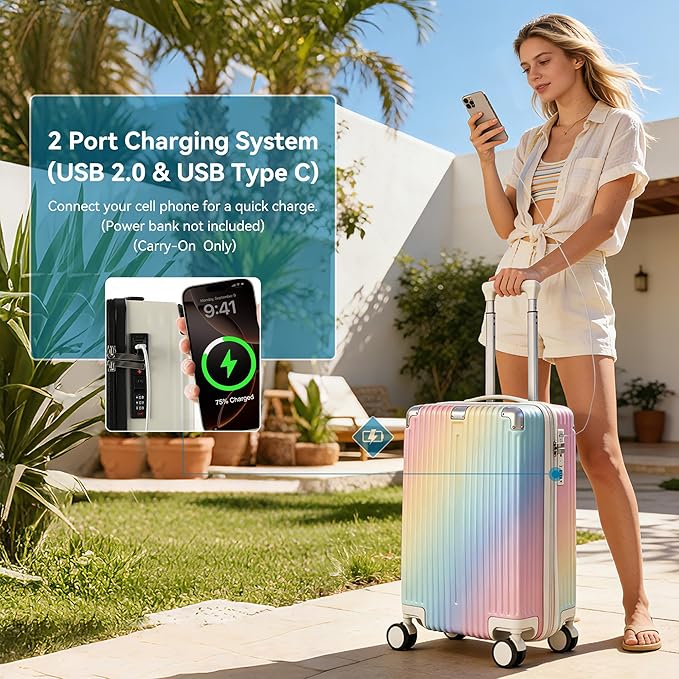 20 Inch Carry On Luggage with Spinner Wheels,PC Expandable Hard Shell Suitcase with USB Port,Lightweight Travel Luggage Airline Approved for Men Women (Colorful)