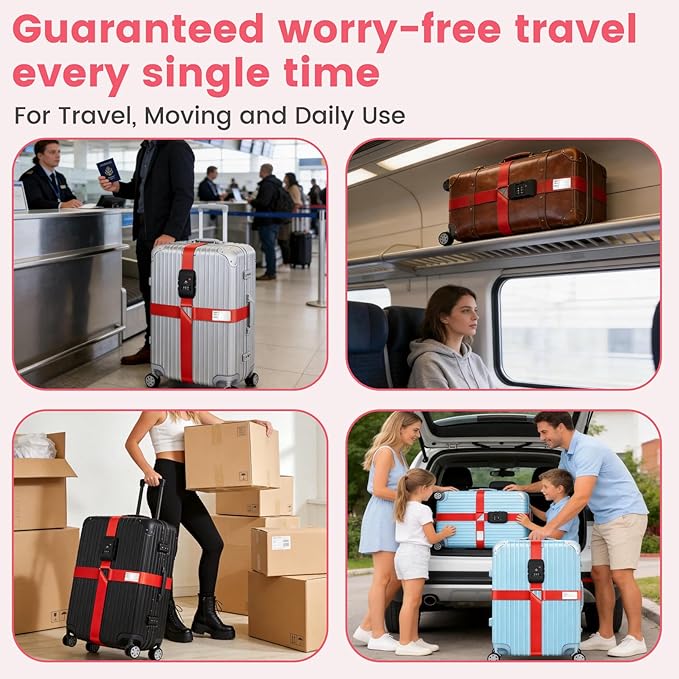 Upgrade TSA Approved Luggage Straps with Retainer Clips, Adjustable Heavy Duty Anti-Burst Travel Strap, High Visibility Easy Identification, Cross Design Luggage Belt for 20-34 Inch Luggage(Red)