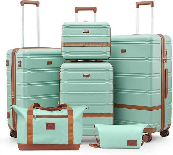 Luggage Sets with spinner wheels, PC+ABS Hard Shell Travel Luggage,Lightweight Carry-on suitcases with TSA Lock,YKK Zippers(Green, 6 piece set(14/20/24/28/DB/TB))