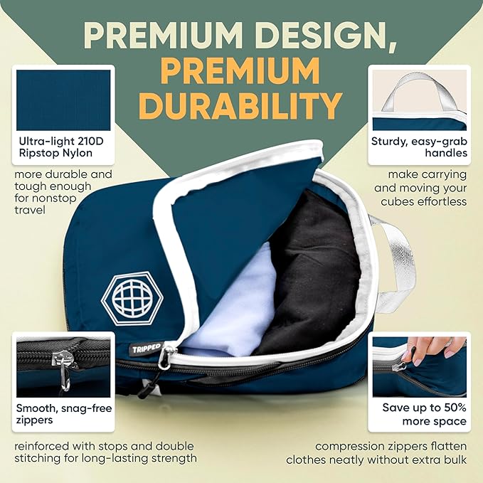 Large Compression Packing Cubes for Travel-Packing Cube Luggage Organizers 7 Piece Set for Checked Luggage-Ultralight, Expandable/Compression Bags by TRIPPED Travel Gear (Navy/White)