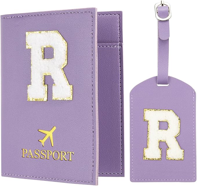 PATIKIL Passport Holder for Travel, Initial Passport Cover and Luggage Tag Set with Alphabet Chenille Letter Patch Travel Wallet Bag Suitcase Identifier for Women Family Travel Purple R