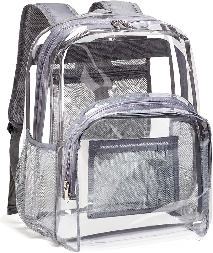 Vorspack Clear Backpack Heavy Duty PVC Transparent Backpack with Reinforced Strap Stitches & Large Capacity for College Workplace Security - Grey