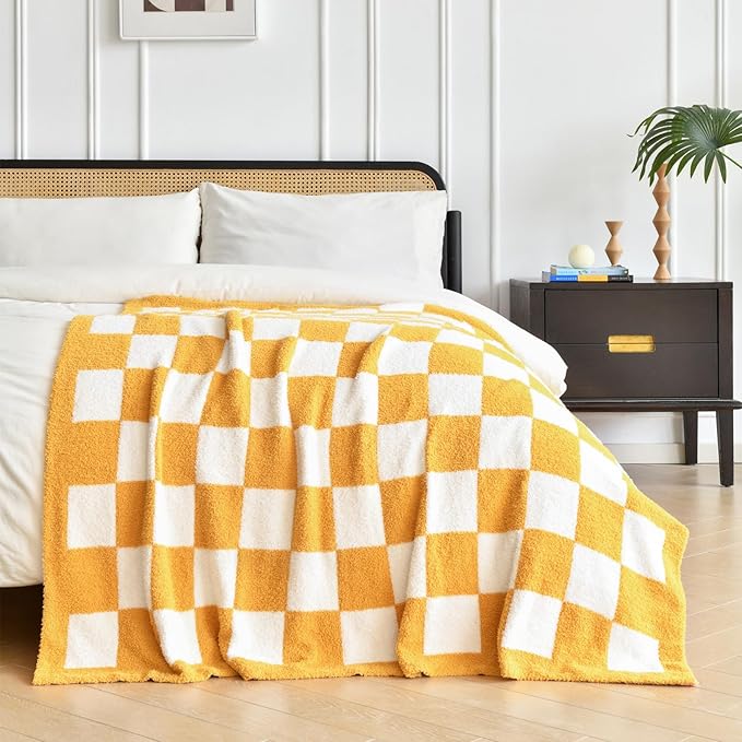 Checkered Blanket, Cozy Soft Throw Blankets for Couch Bed, Fluffy Plaid Lightweight Comfy Travel Picnic Blanket Gifts for Sofa Chair Living Room Camping (Yellow, Twin 60"x80")