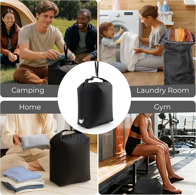 Travel Compression Laundry Bag, Pump-Free Vacuum Space Saver Bag for Dirty Clothes, Reusable Waterproof Wet Dry Bag, Travel Laundry Bag for Luggage, Packing, Suitcase (1 Pcs)（Black, L)