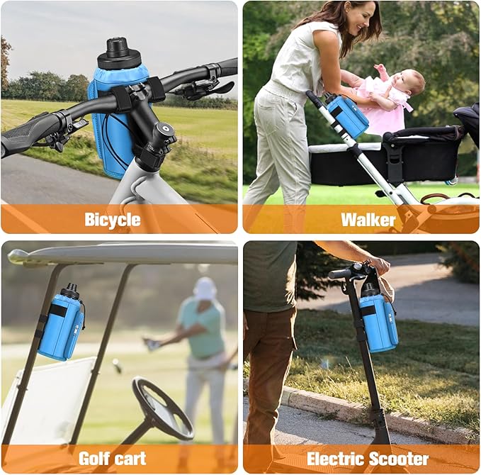 FINPAC Cup Holder for Bike, Universal Water Bottle Holder with Phone Pockets for Stroller Walker Golf Cart Rollator and Scooter, Outdoor, Biking - Blue