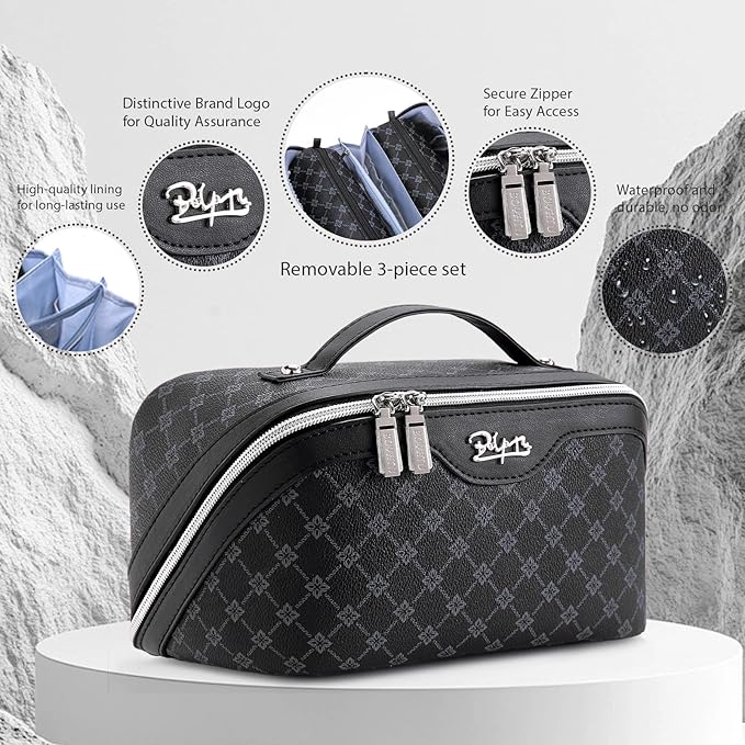 BOYATU Travel Makeup Bag Cosmetic Bags for Women: 3 Pcs Set Large Capacity Make up Bag with Handle - Vegan Leather Toiletry Bags with Compartments - Makeup Organizer for Travel Essentials(A-7-Black)
