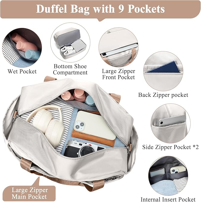 Travel Duffel Bags for Women, Carry-on Overnight Weekender Bag with Wet Pocket & Toiletry Bag, For Spirit Airlines 18x14x8 Personal Item Bag