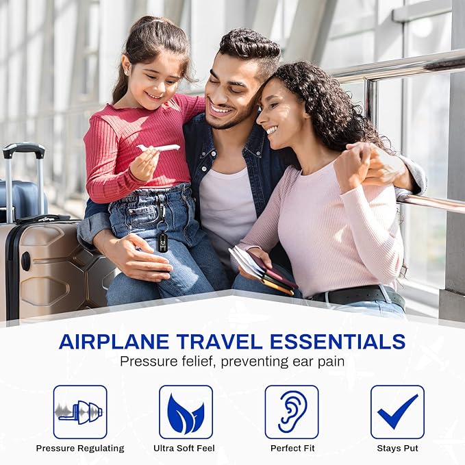Airplane Ear Pressure Relief Ear Plugs with Lanyard, Prevent Ear-Pain & Noise Reduction, Plane Travel Essentials Pressure Equalizing Earbuds, 100x Reusable Comfy Earplugs for Adults Kids 12+