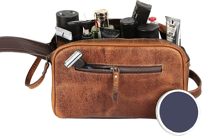 KomalC Travel Toiletry Bag – Premium Leather Dopp Kit for Men & Women with Water-Resistant Lining & Spacious Zippered Organizer
