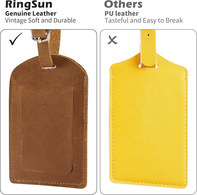 Ringsun Genuine Leather Luggage Tag for Suitcases ID Tags Bag Tags for Luggage (2 Pack)