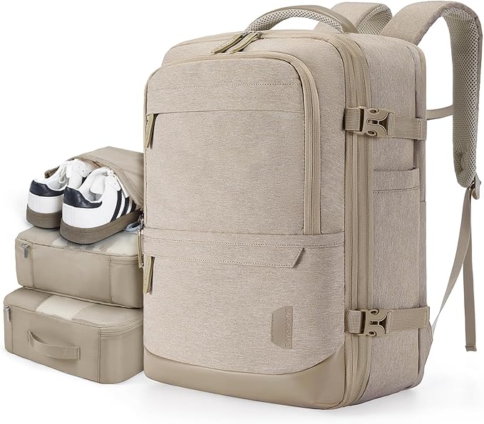 BAGSMART Compression Travel Backpack, 40L Expandable Carry On Backpack with Packing Cubes, Water Resistant Weekender Backpack Fits 17 Inch laptop, Large Overnight Luggage Daypack with Shoe Bag, Khaki