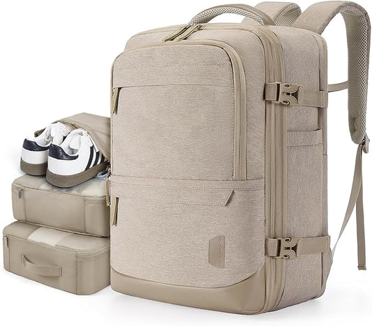 BAGSMART Compression Travel Backpack, 40L Expandable Carry On Backpack with Packing Cubes, Water Resistant Weekender Backpack Fits 17 Inch laptop, Large Overnight Luggage Daypack with Shoe Bag, Khaki