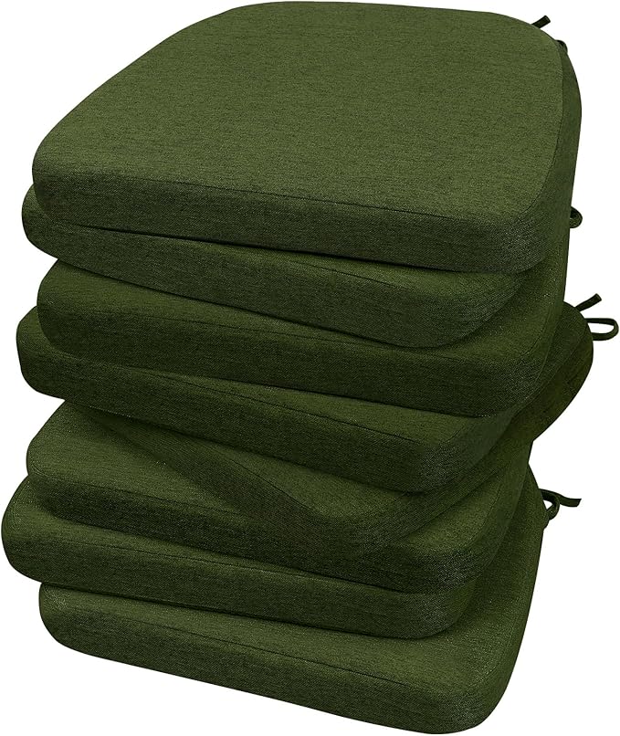 AAAAAcessories D-Shaped Chair Cushions, 2" Thick Dining Chair Pads with Ties and Removable, Machine-Washable Cover, 17" x 16", Set of 8, Dark Olive Green