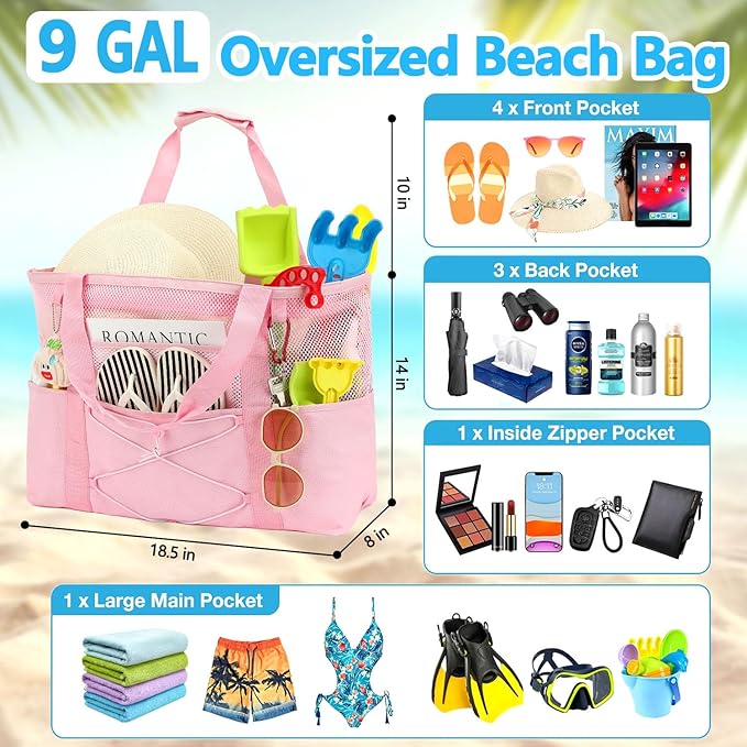 Fammart Mesh Beach Bag, Large Beach Tote with Zipper Pocket, Toys Pool Bag for Family Travel Vacation Cruise Essentials