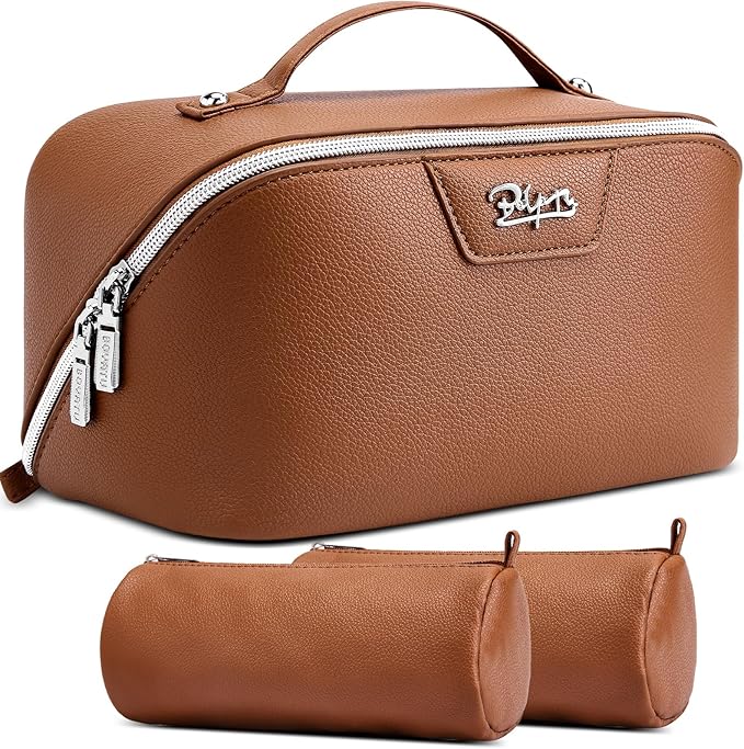 BOYATU Travel Makeup Bag Cosmetic Bags for Women: Large Capacity 3 Pcs Set Make up Bag with Compartments - Waterproof Vegan Leather Toiletry Organizer Bags with Handle (L25Brown)