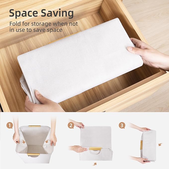 STORAGE MANIAC 1-Pack Large Laundry Hamper, 100L (26.4 Gal) Collapsible Laundry Basket with Bamboo Handles, Freestanding Waterproof Clothes Hamper for Laundry Room, Bedroom, Dorm, Towels, Toys, White