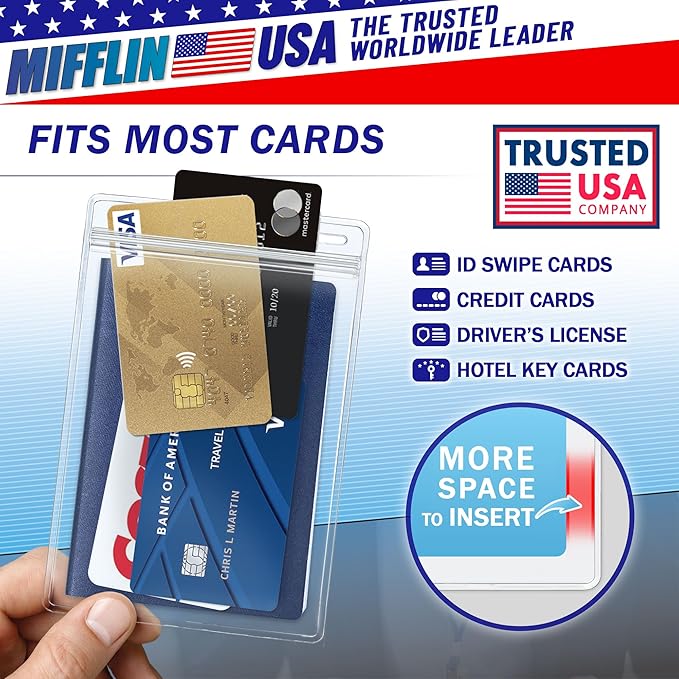 Mifflin-USA Passport & Card Holders (Clear, 4x6 inch, 100 Pack), Extra Large (XXL) ID Name Badge Holder, Waterproof Vertical Plastic Card Holders
