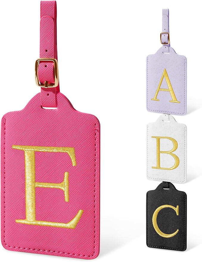 Initial Luggage Tags for Suitcases, Cute Embroidered Letter Luggage Bag Suitcase Identifier Name Baggage Tag, PU Leather Travel Luggage Tags, Bag Tags for Men Women Kids Luggage Handbags(Rosered E)