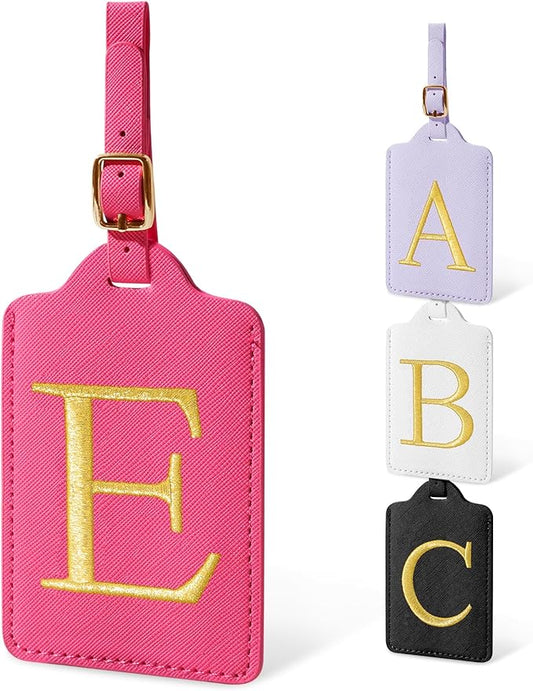 Initial Luggage Tags for Suitcases, Cute Embroidered Letter Luggage Bag Suitcase Identifier Name Baggage Tag, PU Leather Travel Luggage Tags, Bag Tags for Men Women Kids Luggage Handbags(Rosered E)