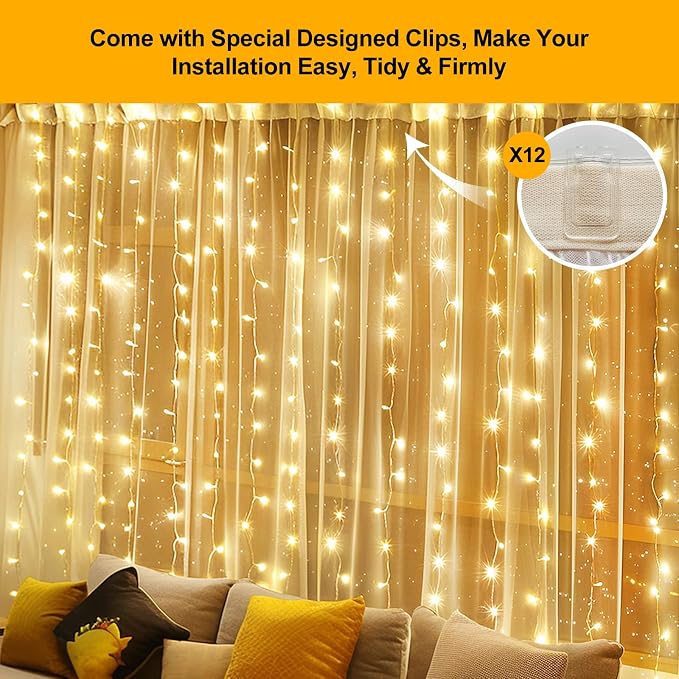 2 Pack 300 LED Fairy Curtain Lights, 9.8 x 9.8FT Warm White USB Plug in 8 Modes String Hanging Lights with Remote for Christmas, Bedroom, Indoor, Outdoor, Weddings, Party (Warm White)