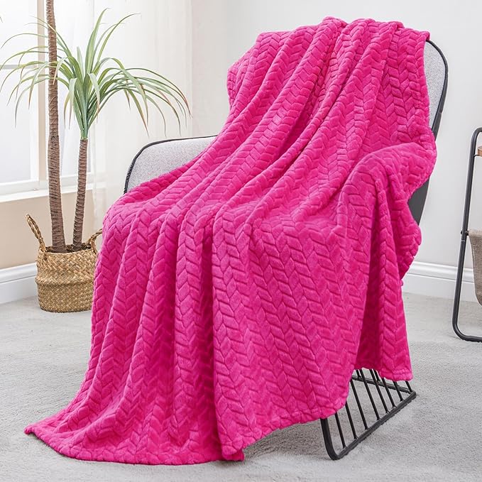 Exclusivo Mezcla Fleece Throw Blanket for Couch and Bed, 50x70 Inches Soft Cozy Jacquard Flannel Blankets, Lightweight Fuzzy Plush Warm Throws for Women, Hot Pink