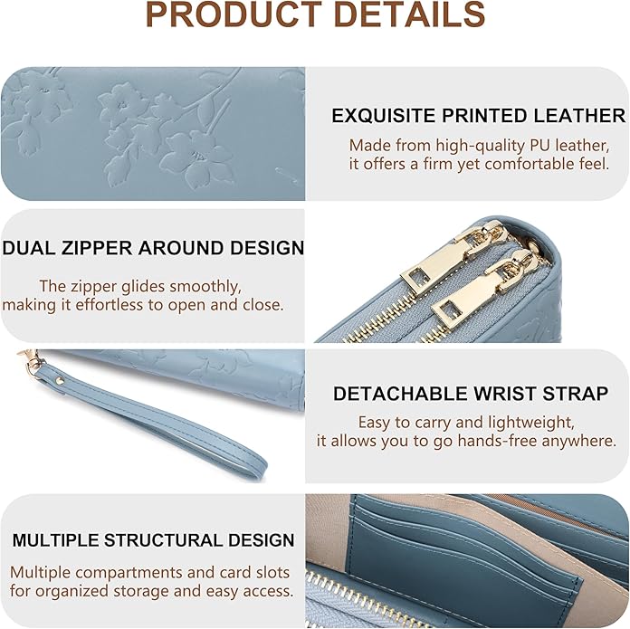 yiijay Womens Wallet RFID Blocking Large Capacity Vegan Leather Double Zip Wristlet Wallet Card Holder Travel Ladies Clutch