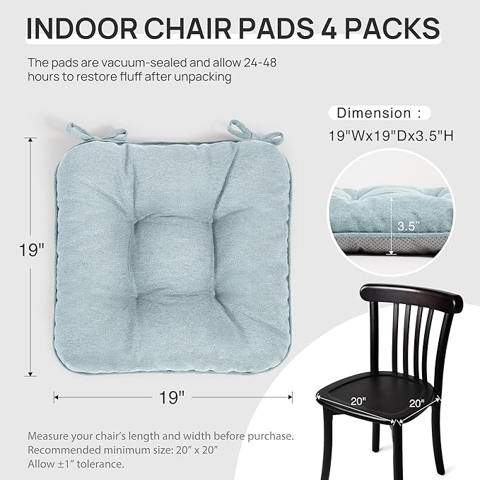 Love's cabin Memory Foam Chair Cushions Set of 4, 19"x19"x3.5" Indoor & Outdoor Seat Pads for Dining, Kitchen, Office, Patio Chairs - Light Blue