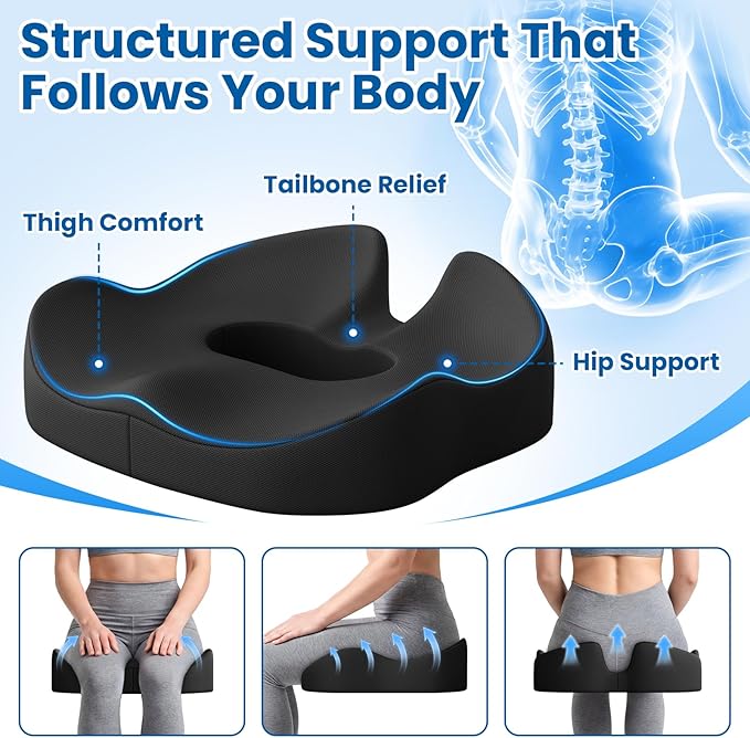 Large Donut Pillow Seat Cushion for Hemorrhoid Discomfort&Tailbone Pressure, Office Chair Cushion for Long Sitting, Ergonomic Coccyx Pillow for Postpartum Pregnancy, Lifting Cushions, Black