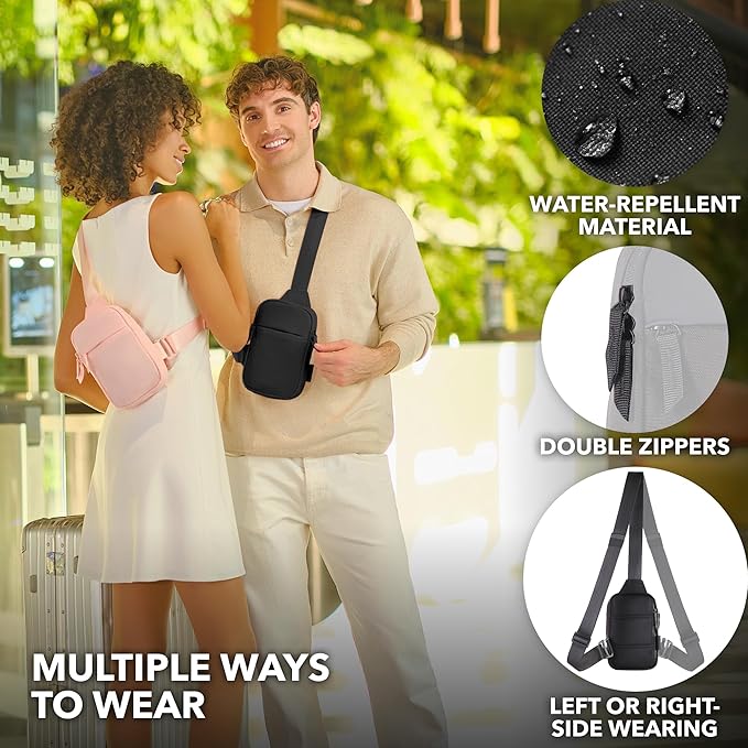 Mini Sling Bag Crossbody Fanny Pack Men & Women - Switchable Strap, RFID Blocking, Water-Repellent, Hidden Pocket