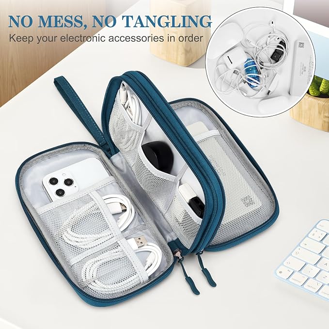FYY Electronic Organizer, Travel Cable Organizer Bag Pouch Electronic Accessories Carry Case Portable Waterproof Double Layers Storage Bag for Cable, Cord, Charger, Phone, Earphone, Medium, Dark Green