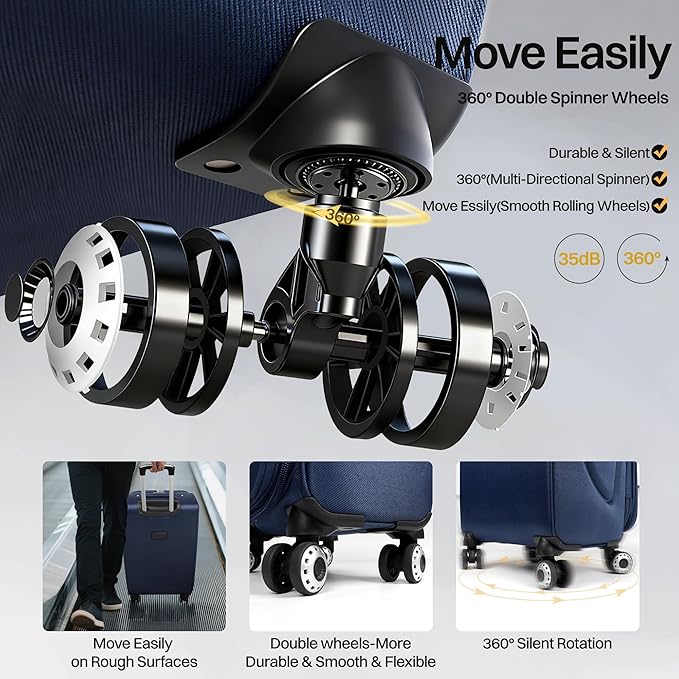 24'' Softside Expandable 15% Rolling Luggage with Double Spinner Wheels & w/LOCK,Lightweight Travel Luggage for Men Women（Navy-Grey,24in）