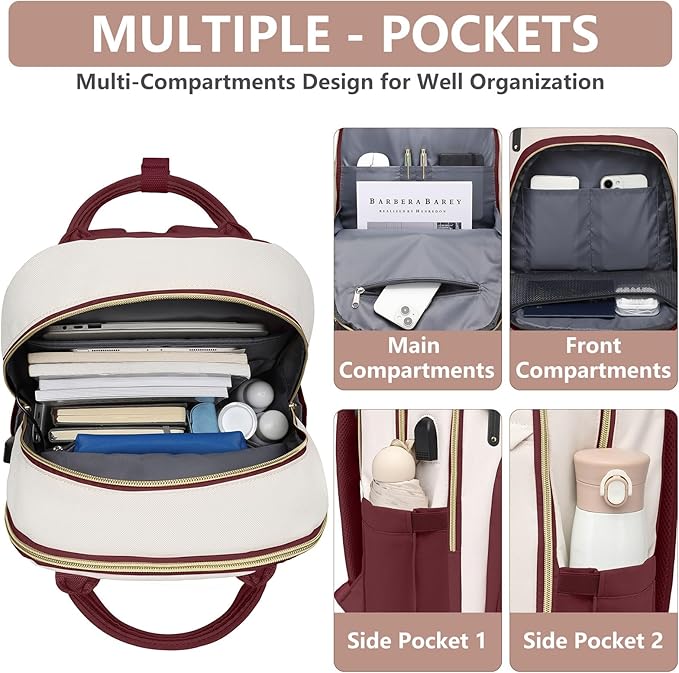 Laptop Backpack for Women Work Bag - 15.6 inch Travel Backpack Purse with USB Charger College Bookbag Waterproof Cute Casual Daypack Business Computer Backpacks for Teacher Nurse Beige Wine Red