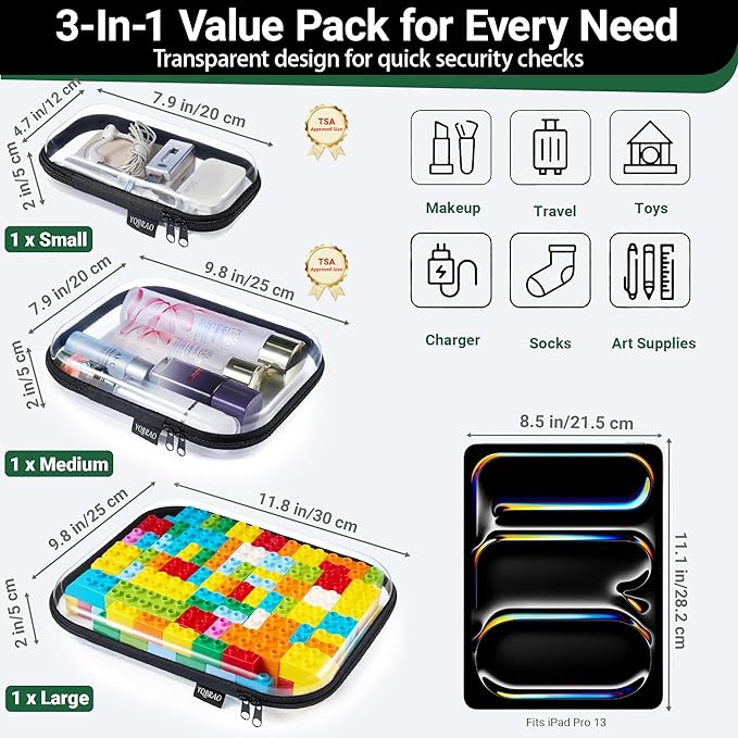 YQBRAO Hard Sided Clear Zipper Case for Storage- Professional-Grade Plastic Clear Zipper Pencil Case,Toy Storage Bins, Toiletry Pouch, Travel Organizer, Cosmetic Bag（Black,3 Pack, LMS）