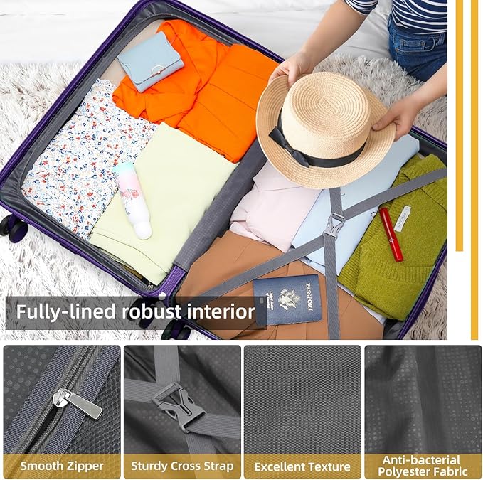 LARVENDER Luggage Sets 3 Piece, Hardside PP Carry On Suitcase with 360° Spinner Wheels TSA Lock Luggage Sets for Women, Grape Purple