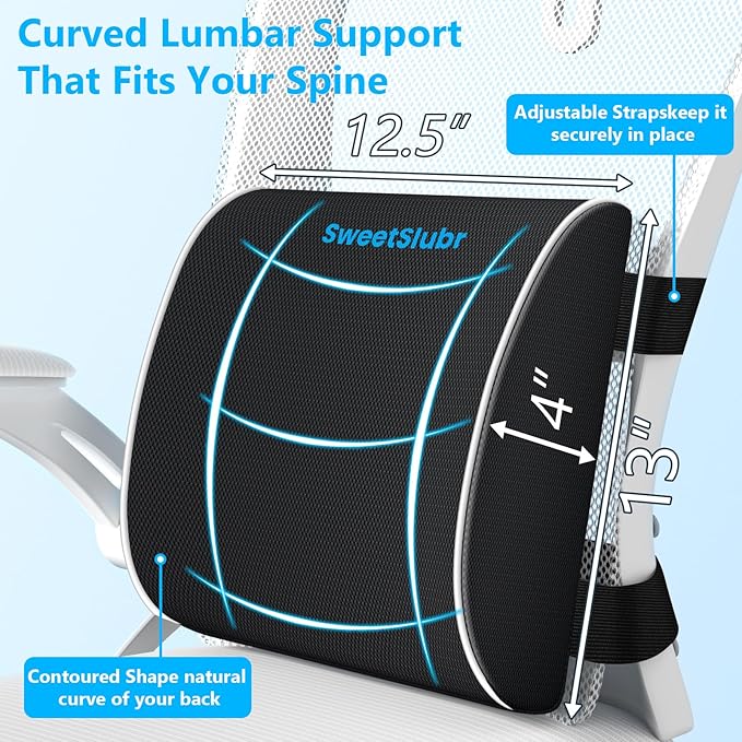 Ergonomic Memory Foam Seat Cushion & Lumbar Support Pillow Set, Orthopedic Coccyx Cushion for Office Chair, Car, Home – Relieves Back, Sciatica & Tailbone Pain, Improves Posture Black/Large