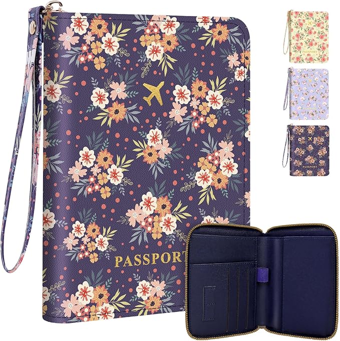 KONVINIT Passport Holder For Travel, RFID Blocking Leather Passport Cover For Travel Accessories, Passport Wallet with Zipper Closure, Cute Passport Book for Women and Men, Navy Blue Flowers