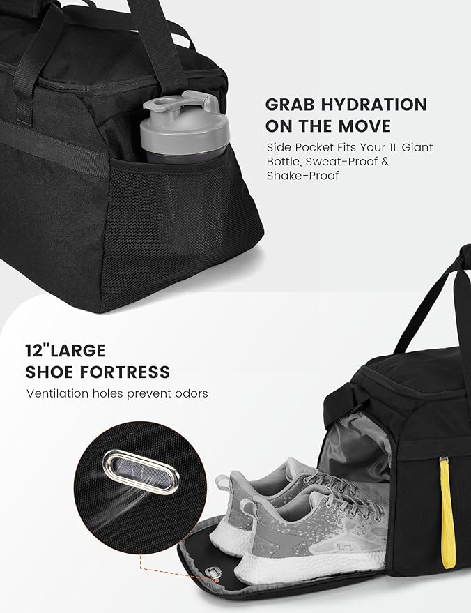 SKYSPER Gym Bag for Men & Women with Shoe Compartment, Carry-on Gym Duffle Bag for Travel and Sports, Workout Overnight Bag with Large Wet Pocket, Black