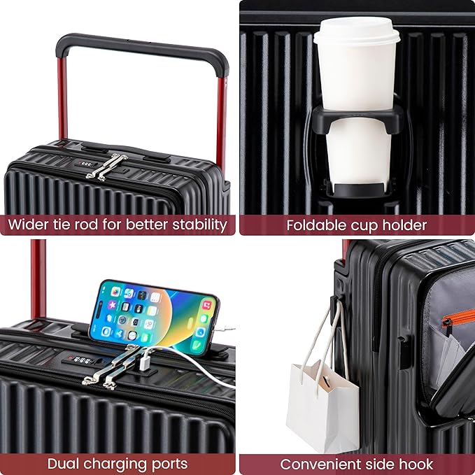 20 Inch Carry On Luggage with Spinner Wheels,PC Hard Shell Suitcase with USB Port,Lightweight Travel Luggage Airline Approved for Men Women, Black