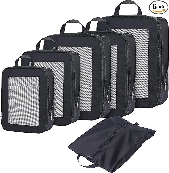 Ultralight Compression Packing Cubes for Suitcases Carry on，Compressible Mesh Packing Cubes for Travel Women Travel Essentials with Shoe Bag 6 Set (Black)
