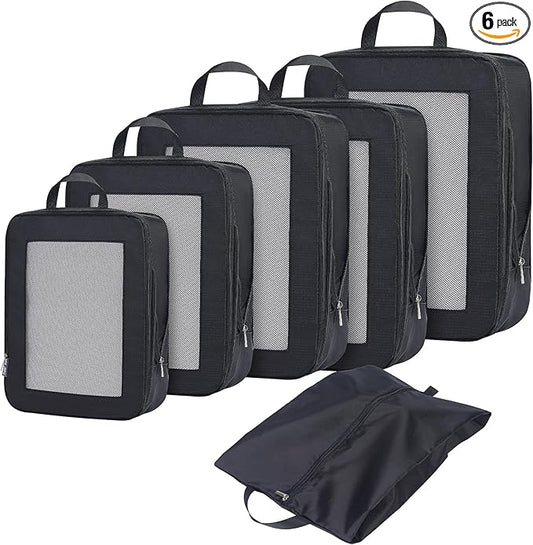 Ultralight Compression Packing Cubes for Suitcases Carry on，Compressible Mesh Packing Cubes for Travel Women Travel Essentials with Shoe Bag 6 Set (Black)