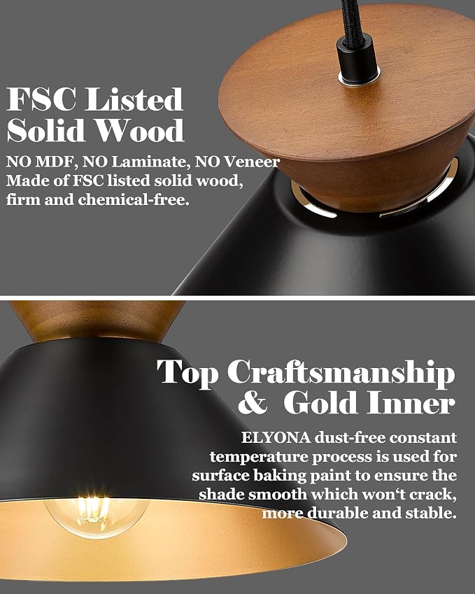 ELYONA Modern Pendant Light Kitchen Island, 10" Solid Wood Hanging Lamp with Matte Black Metal Shade & Gold Inner Finish, Farmhouse Pendant Light Fixtures for Dining Room Bedroom Living Room Hallway