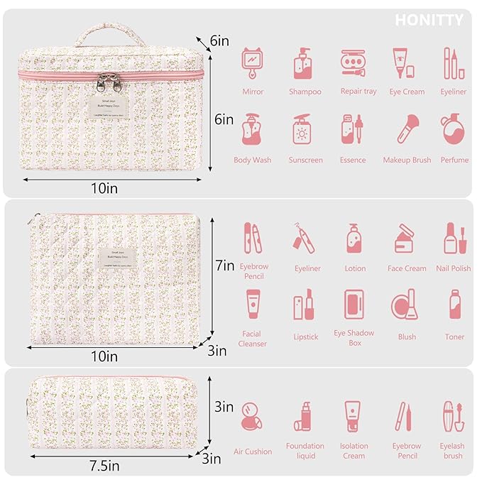 Makeup Bag,Quilted Cosmetic Bags,Large Floral Make Up Organize bag,Makeup Bag Set for Women,Flower Travel Toiletry Bag
