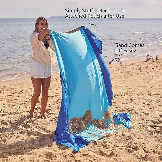 WEKAPO Beach Blanket Sandproof Waterproof, Extra Large Beach Mat, Oversized & Compact Sand Free, Quick Drying Beach Essentials for Vacation, Cruise, Picnic & Camping with Stakes