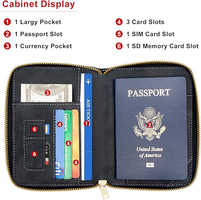 defway Passport Holder Travel Wallet - RFID Passport Holder, Zip Closure Card Cover, PU Leather Travel Wallet, RFID Blocking Secure Document Organizer Travel Essentials (Black)