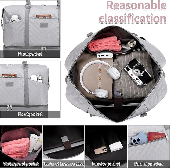 Weekender Bag, Large Travel Duffel Bag for Women, Carry on Overnight Bag with Shoe Compartment and Toiletry Bags