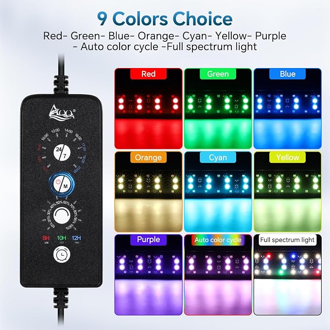 AQQA 19.09 Inch Submersible Aquarium Light, 24/7 Mode Fish Tank Light | 7 Adjustable Angles, 9 Color Options, 4 Rows Beads, Dimmable & Timer Control, IP68 Waterproof Full Spectrum Plant Light