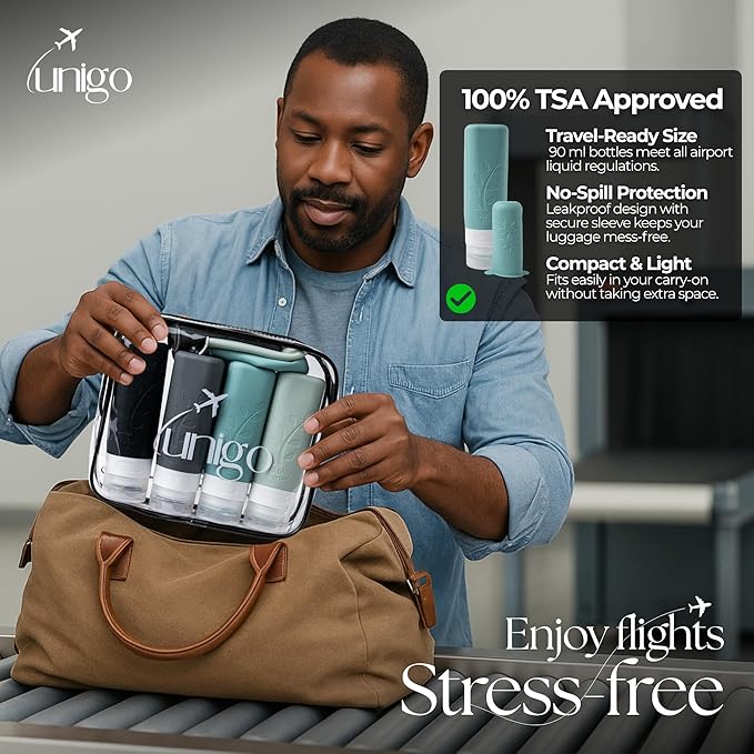 unigo Travel Bottles Set for Toiletries - Leakproof Refillable Travel Size Containers, TSA Approved Bottles with Labels, Brush & Covers for Carry-On Travel